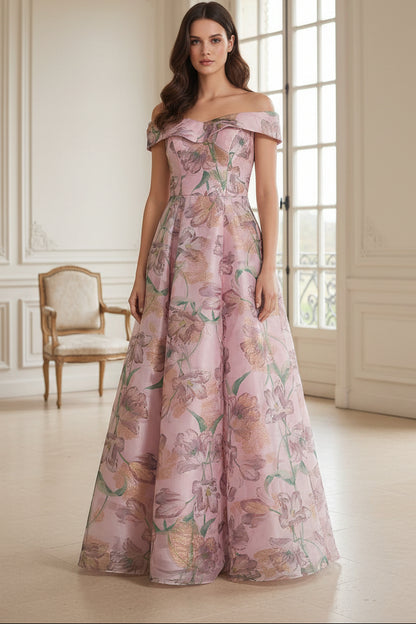 Off-the-Shoulder Floral A-Line Evening Gown