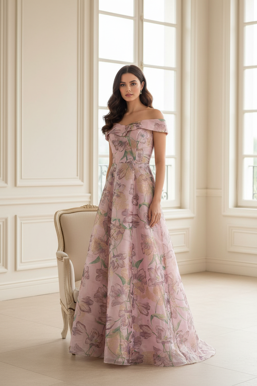 Off-the-Shoulder Floral A-Line Evening Gown