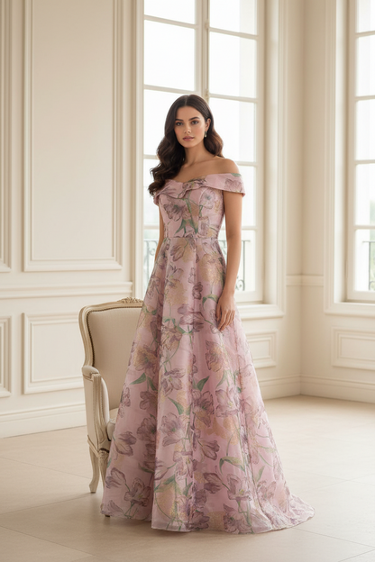 Off-the-Shoulder Floral A-Line Evening Gown