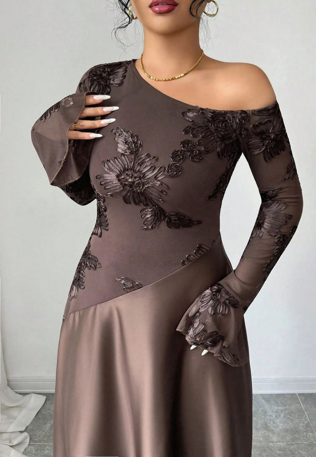 Asymmetrical Neck Floral Lace Maxi Dress