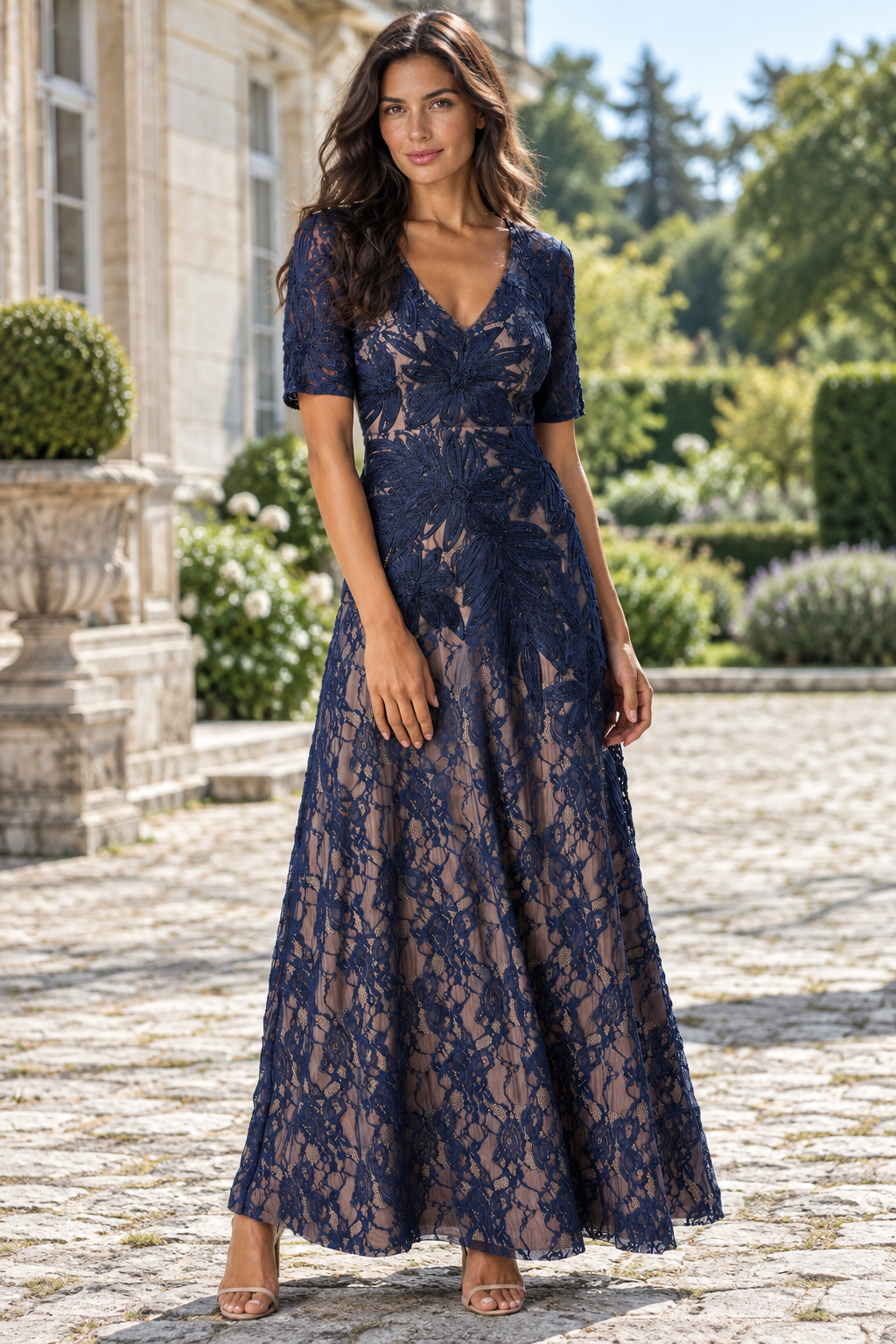 Lace A-Line Maxi Dress with Short Sleeves