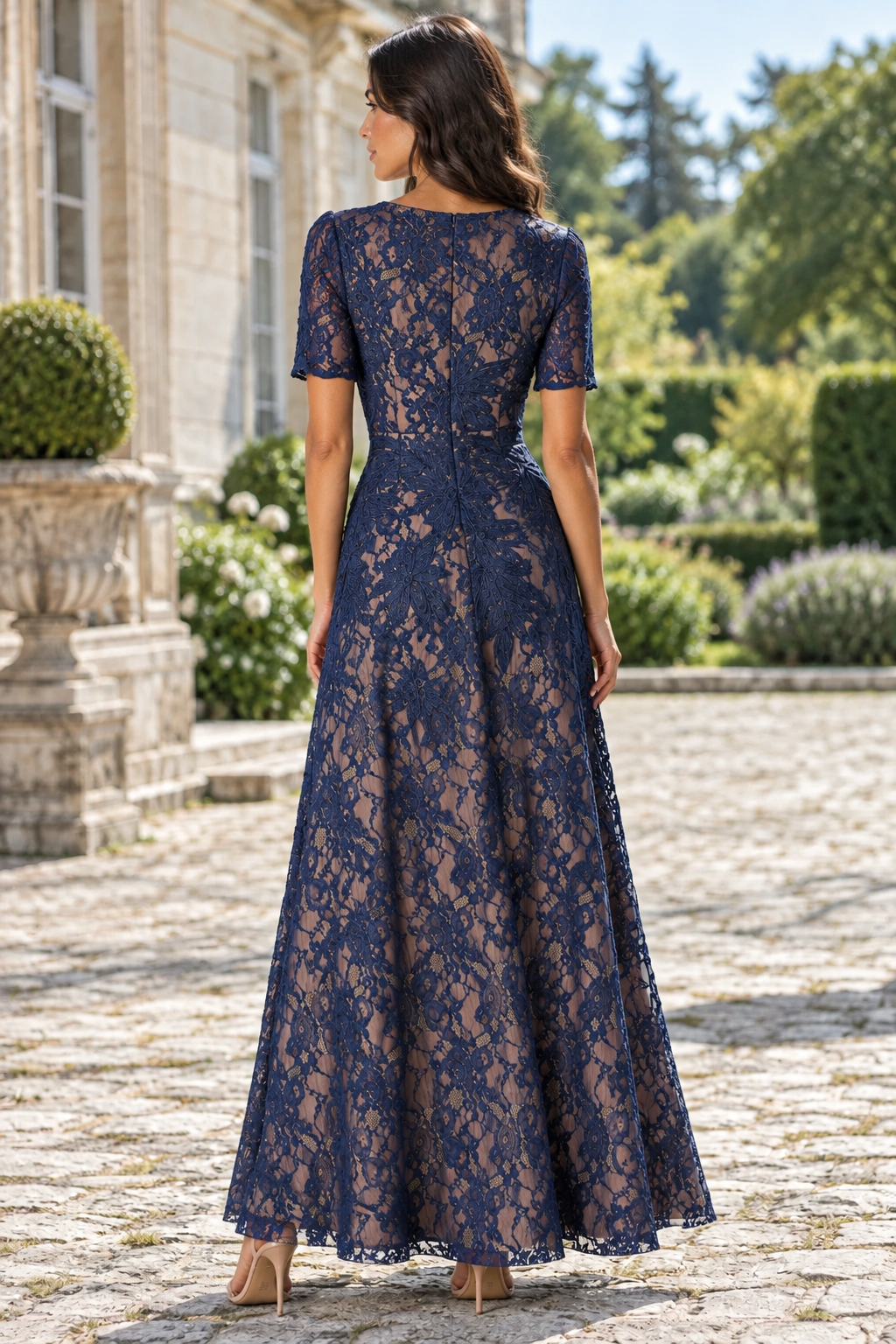Lace A-Line Maxi Dress with Short Sleeves