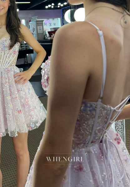 Floral Corset Mini Dress with Sheer Boned Bodice