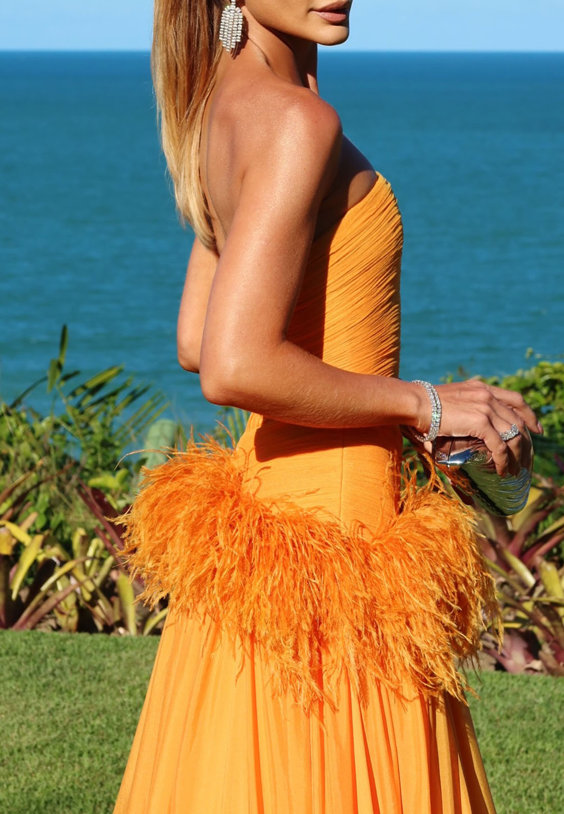 Strapless Ruched Gown with Feather Trim