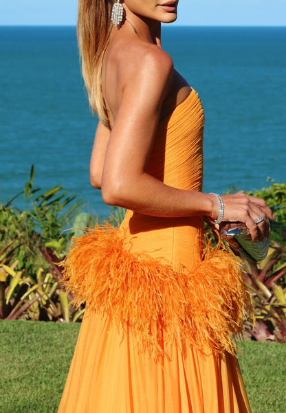 Strapless Ruched Gown with Feather Trim