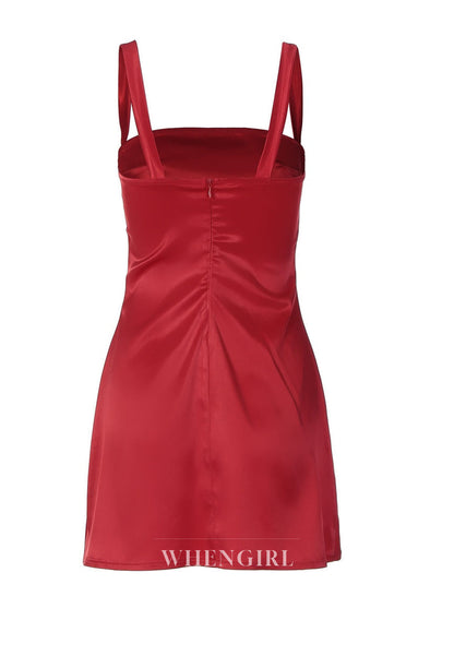 Satin Square-Neck Mini Dress with Spaghetti Straps