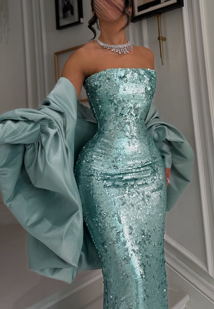 Strapless Sequin Evening Gown with Satin Shawl