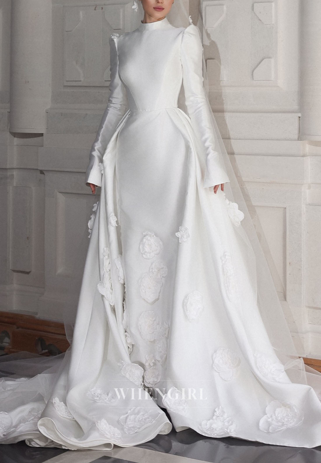 High Neck Satin Wedding Dress with 3D Flowers