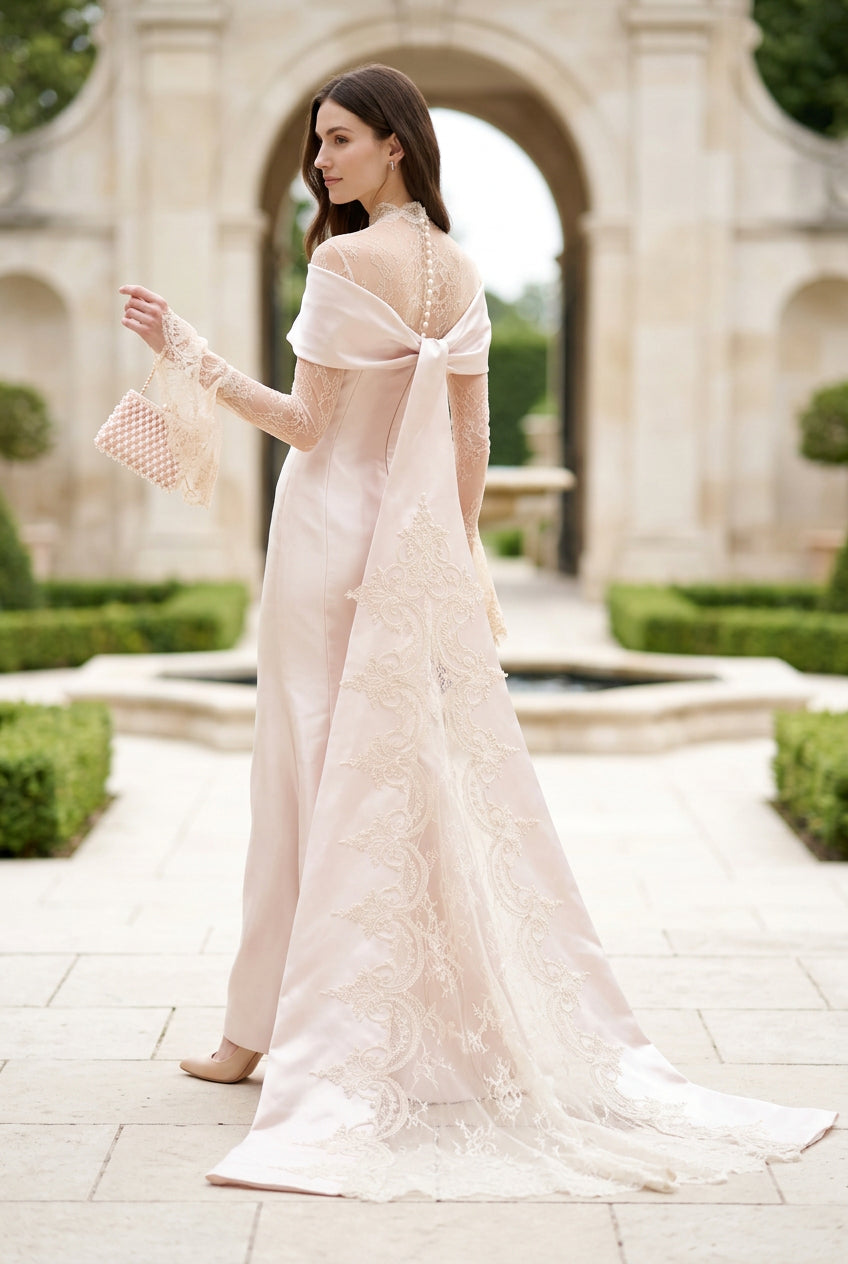 Lace & Satin Gown with Cape Train