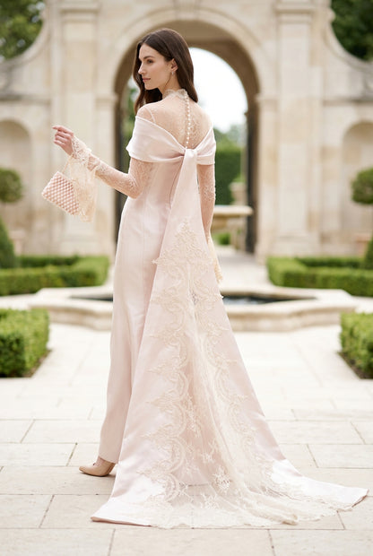 Lace & Satin Gown with Cape Train