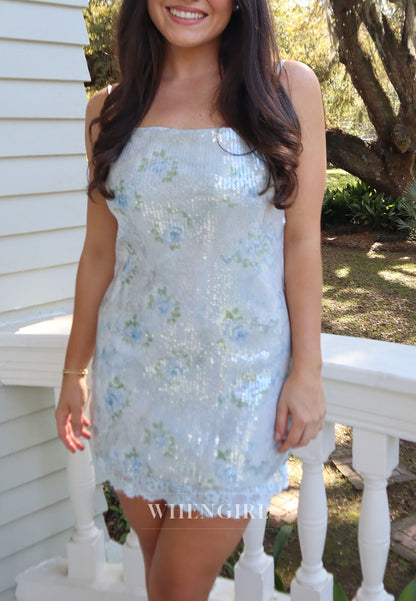 Floral Sequin Mini Dress with Square Neck & Low Back