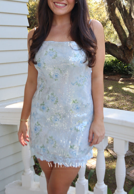 Floral Sequin Mini Dress with Square Neck & Low Back