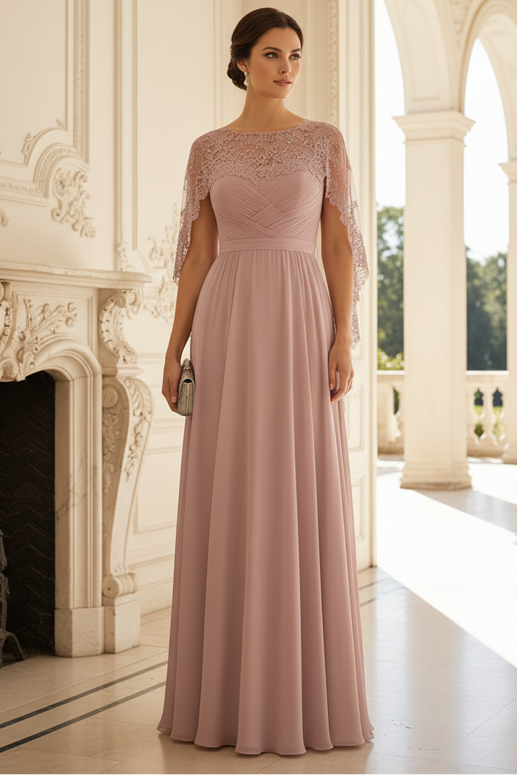 Lace Cape Chiffon A-Line Formal Gown