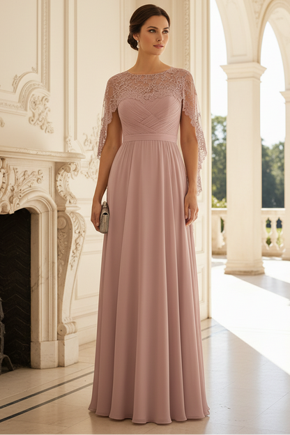 Lace Cape Chiffon A-Line Formal Gown