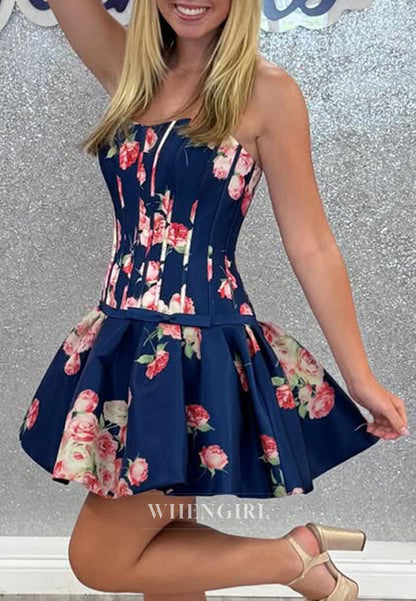 Floral Print Strapless Corset A-Line Mini Dress