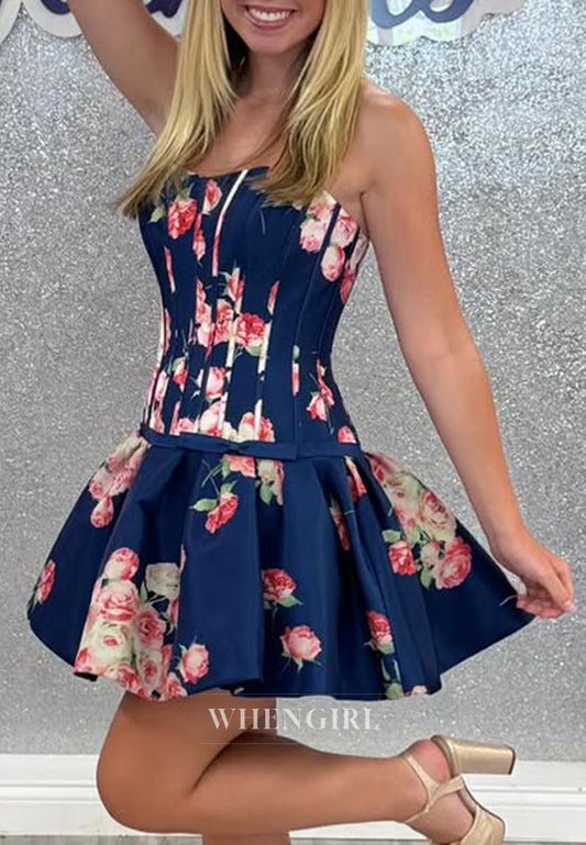 Floral Print Strapless Corset A-Line Mini Dress