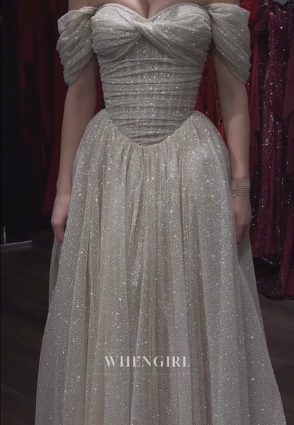 Glitter Off-the-Shoulder Basquew-Waist Ball Gown