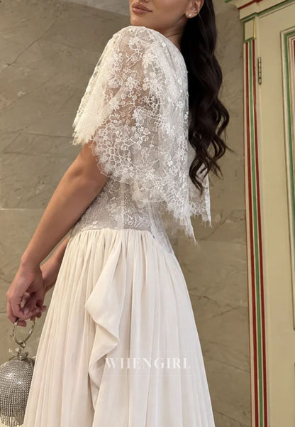 Lace Capelet Gown with Pleated Chiffon Skirt
