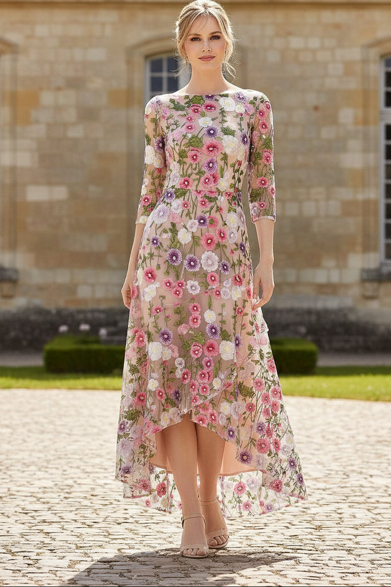 Floral Embroidered High-Low Mesh Maxi Dress