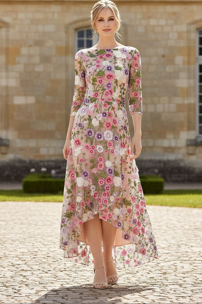 Floral Embroidered High-Low Mesh Maxi Dress