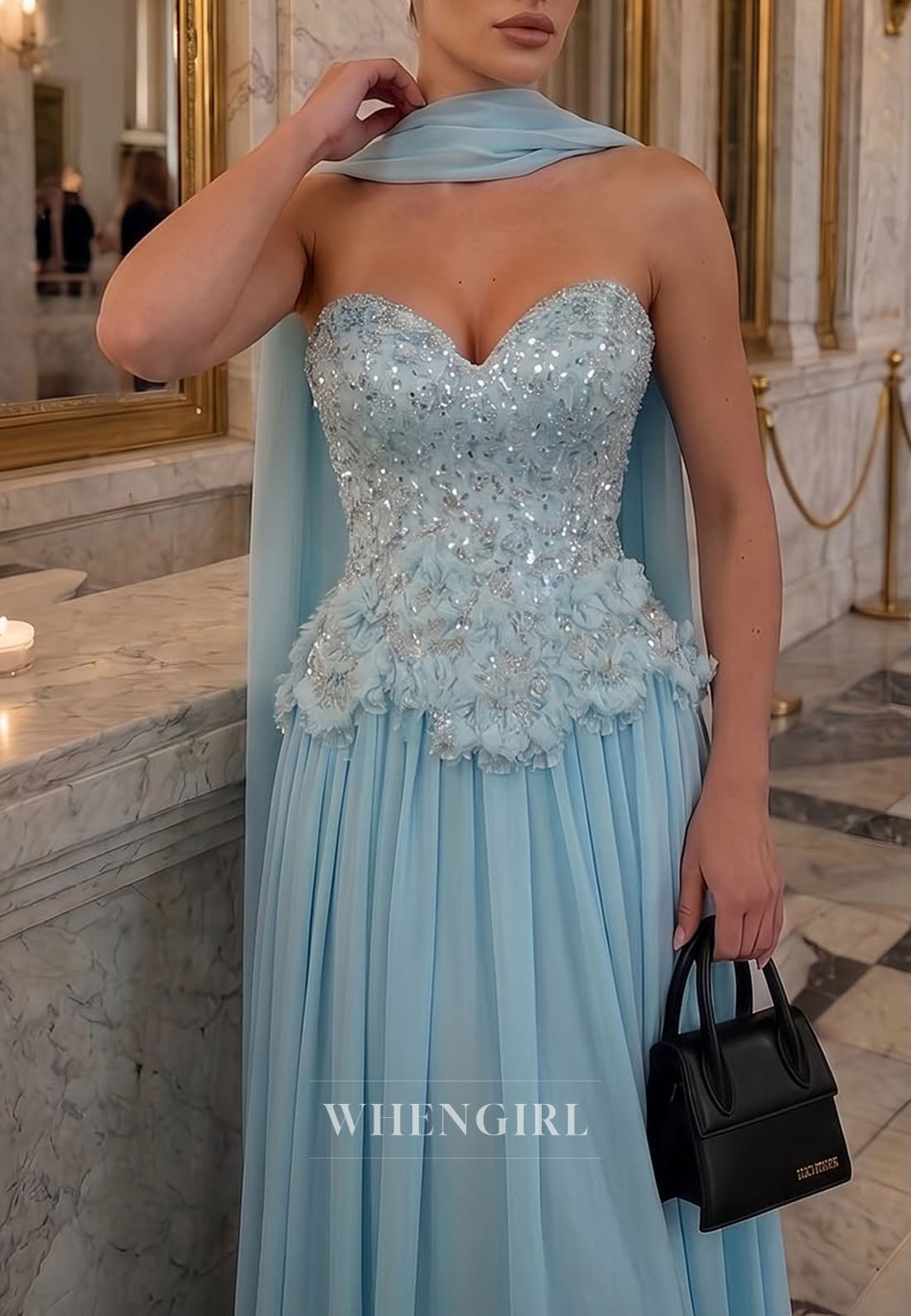 Beaded Sweetheart Chiffon Gown with Cape Back
