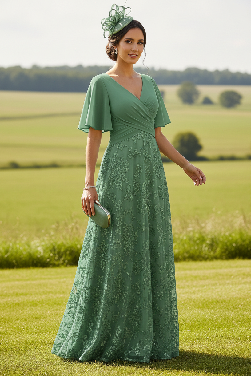 Embroidered Flutter Sleeve A-Line Gown