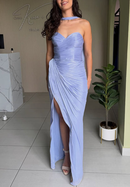 Strapless Ruched High Slit Gown with Neck Scarf
