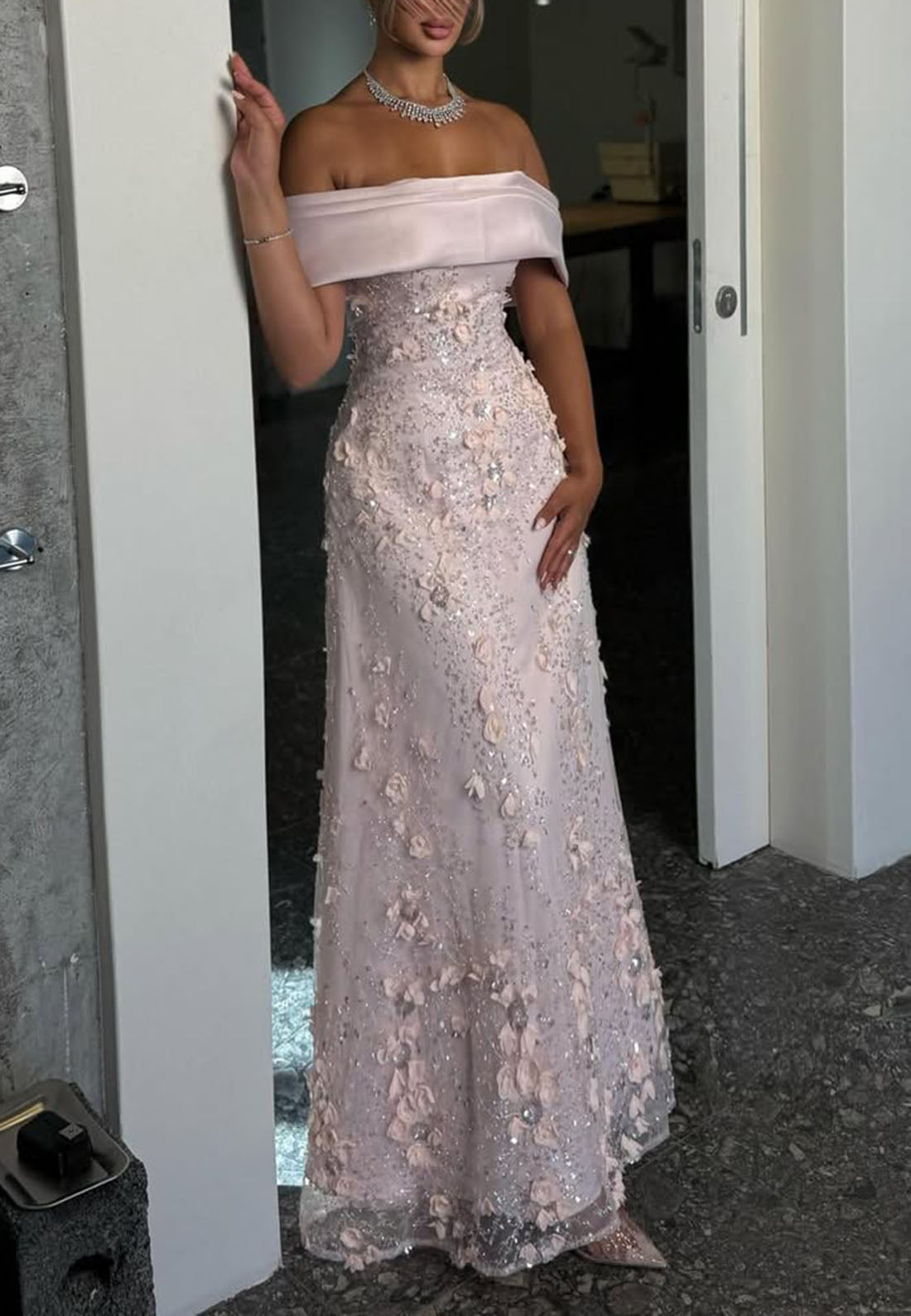 Off-the-Shoulder 3D Floral Sequin Evening Gown
