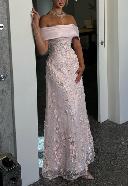 Off-the-Shoulder 3D Floral Sequin Evening Gown