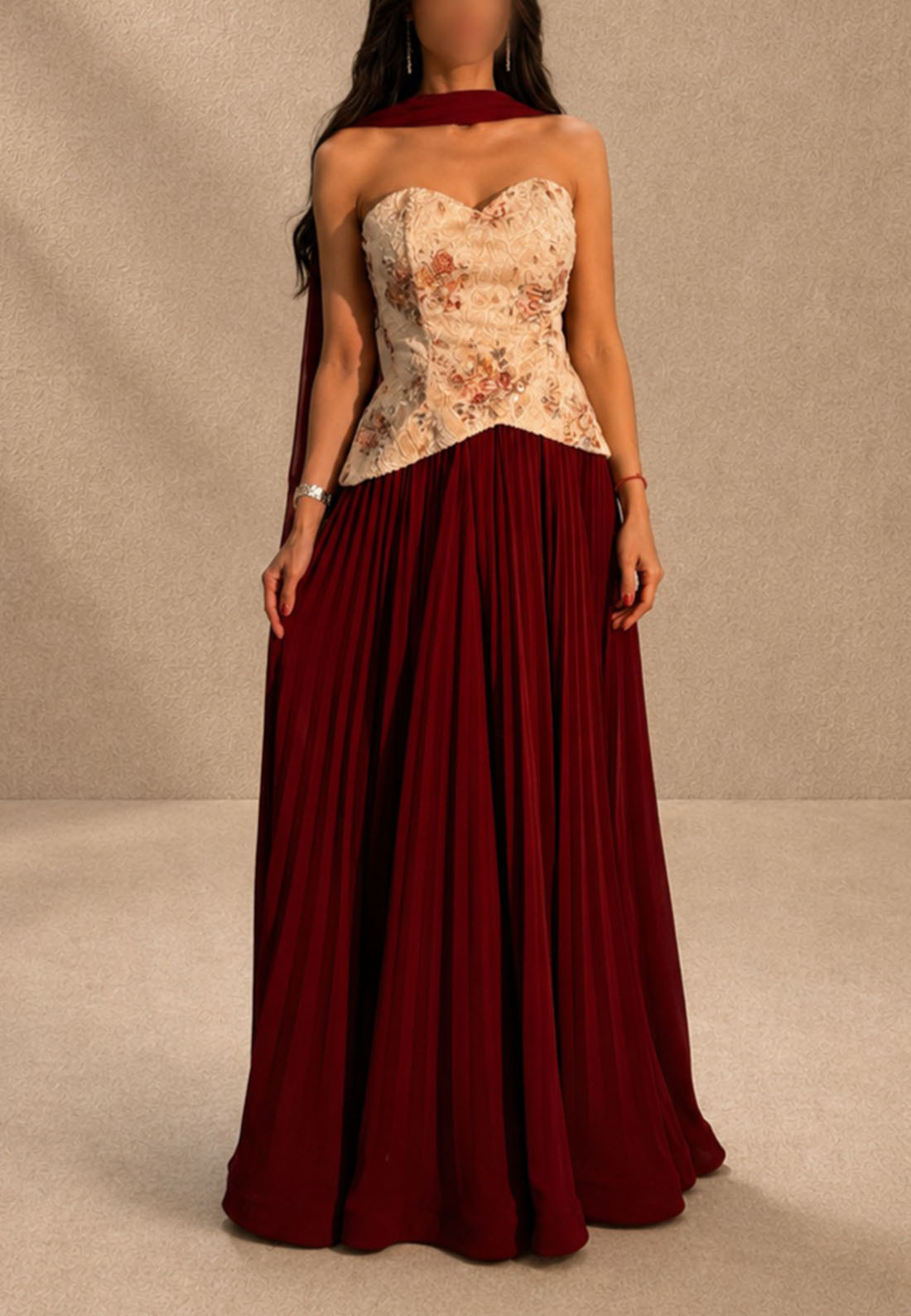 Floral Corset Maxi Dress with Pleated Skirt