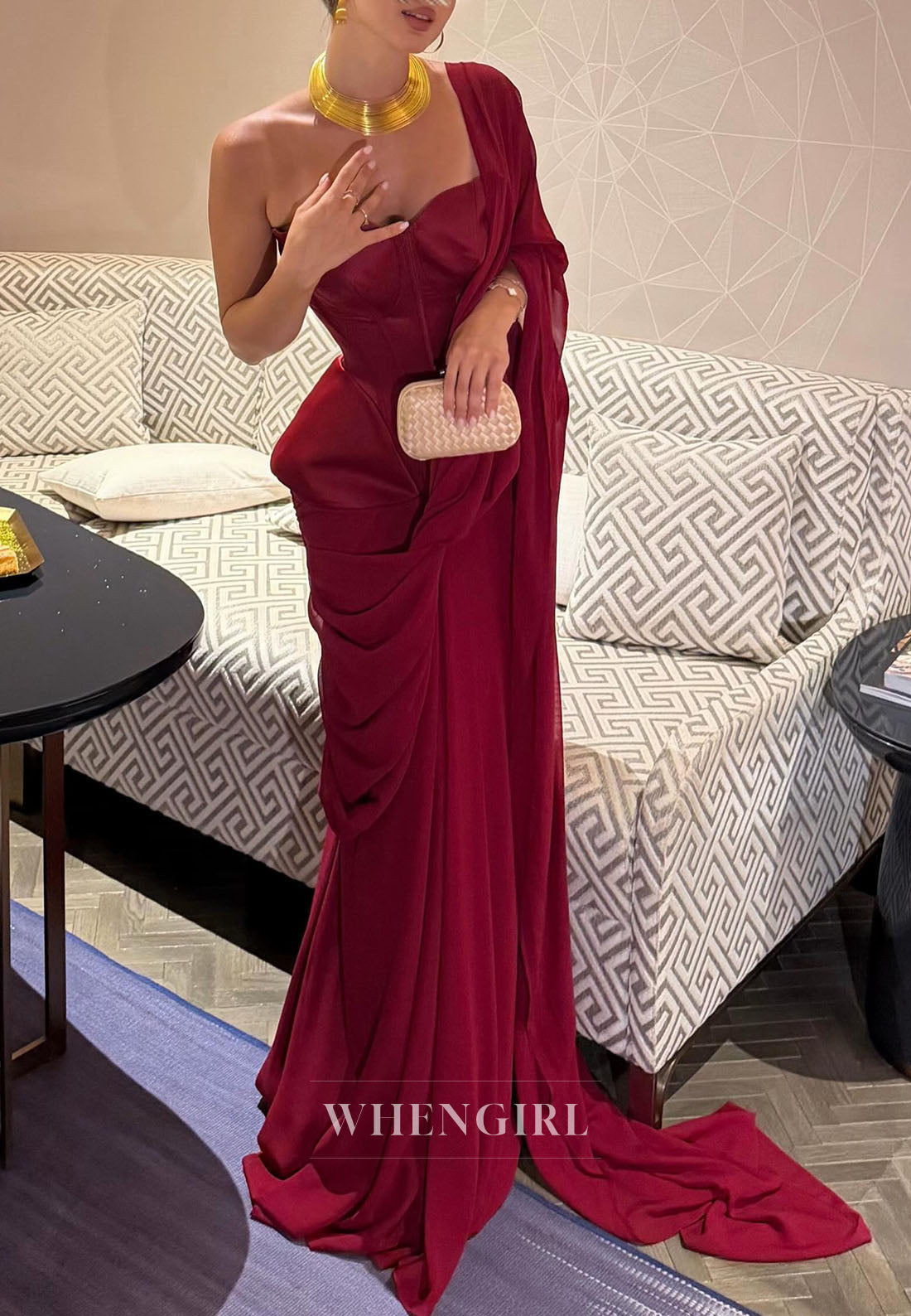 Corset Peplum Evening Gown with Shoulder Drape