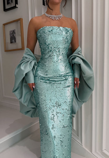 Strapless Sequin Evening Gown with Satin Shawl