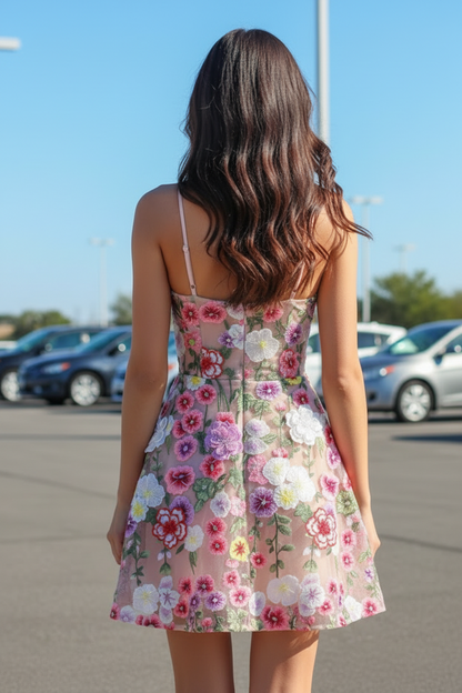 3D Floral Applique Halter A-Line Mini Dress