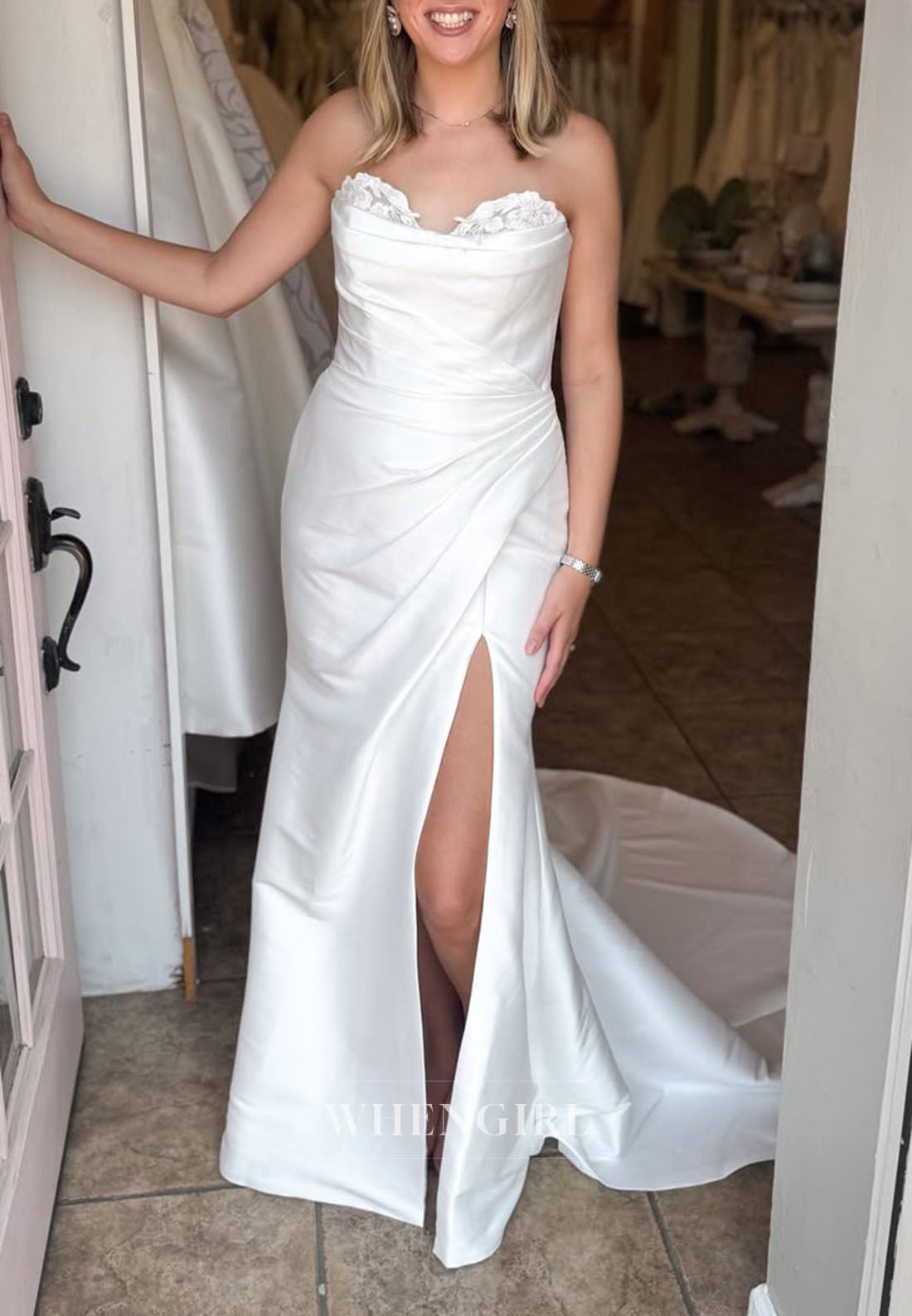 Strapless Satin Wedding Dress with Lace Trim