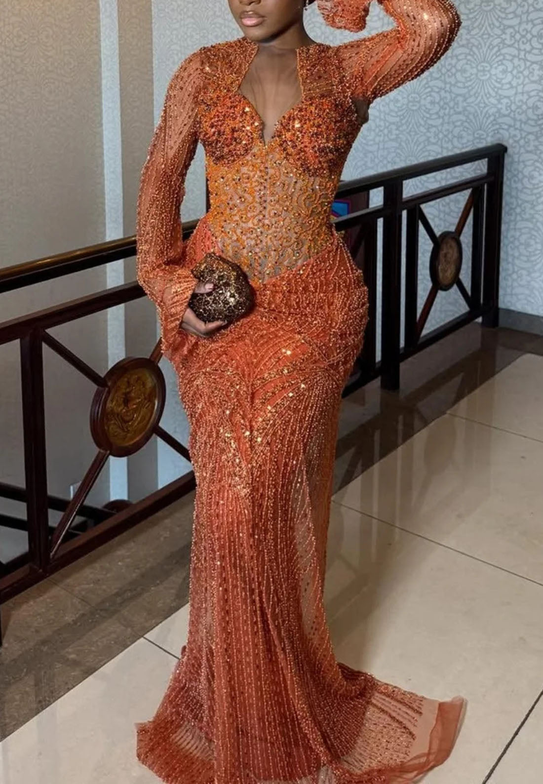 Beaded Illusion Corset Long Sleeve Gown