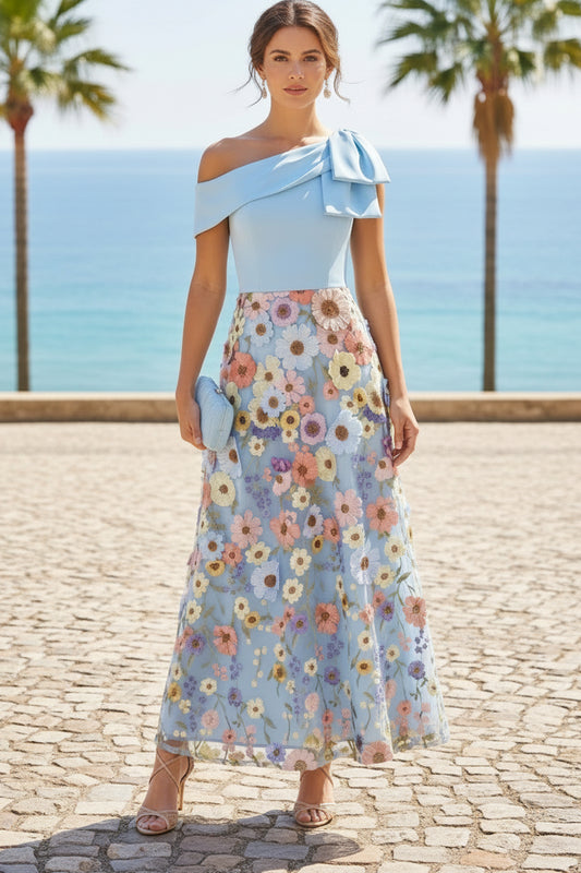 Asymmetrical One-Shoulder 3D Floral A-Line Maxi Dress