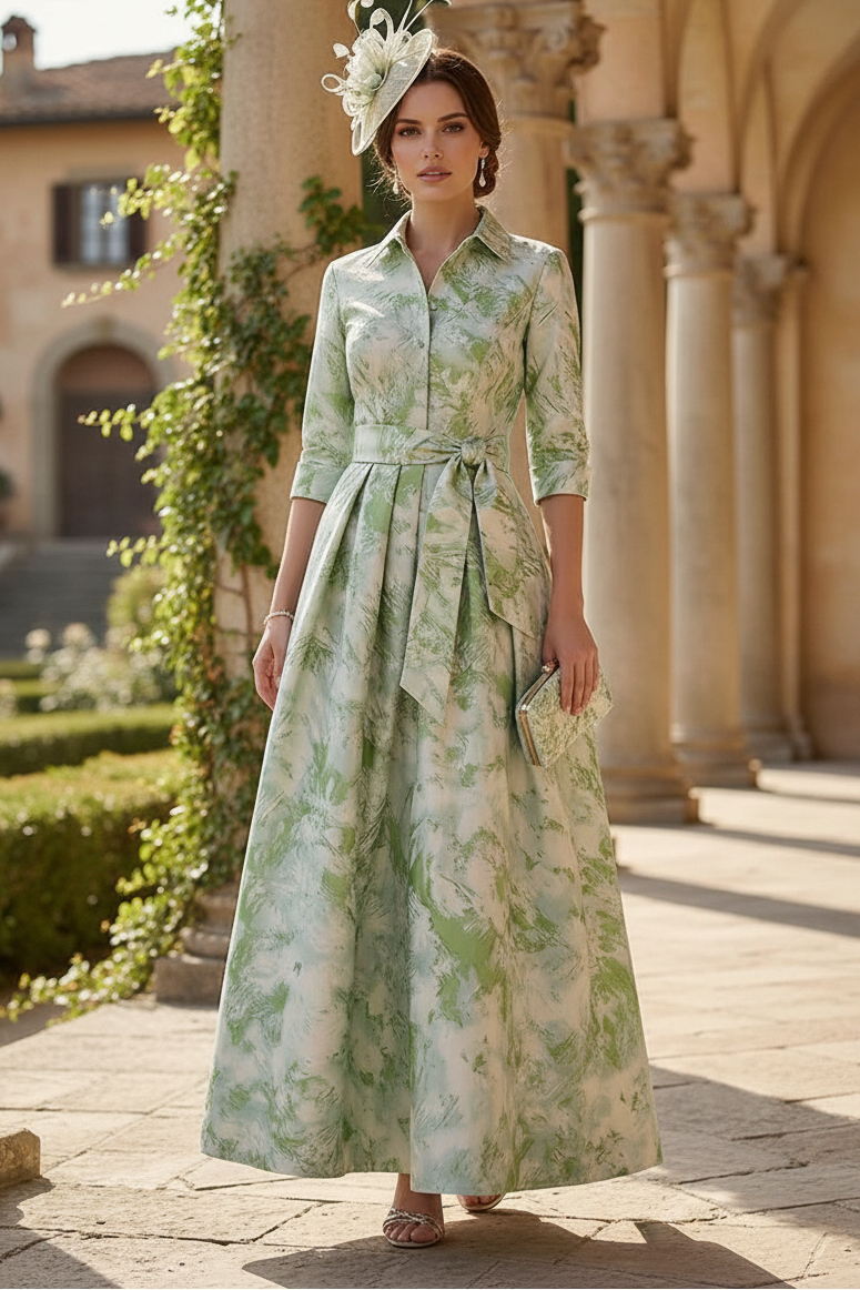 A-Line Pleated Maxi Shirt Dress with Sash