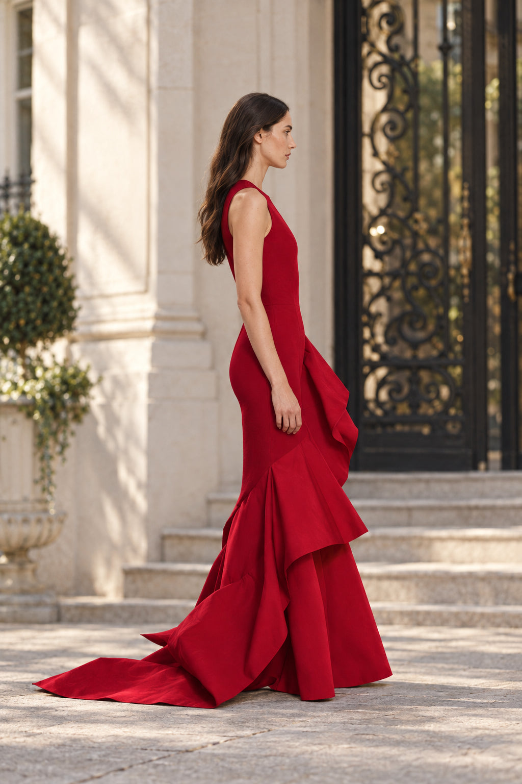 Sleeveless Mermaid Gown with Cascading Ruffle Slit