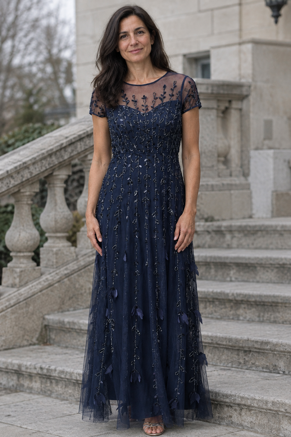 Beaded Illusion A-Line Maxi Dress with Sleeves