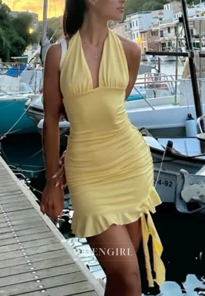 Backless Ruched Halter Bodycon Mini Dress