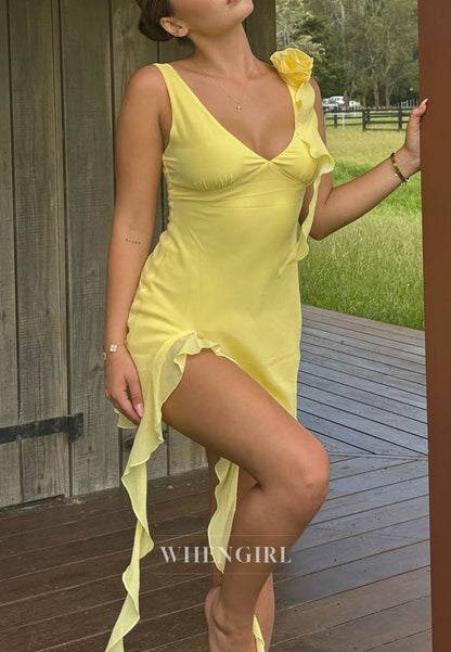 Ruffled Mini Dress with 3D Flower Detail