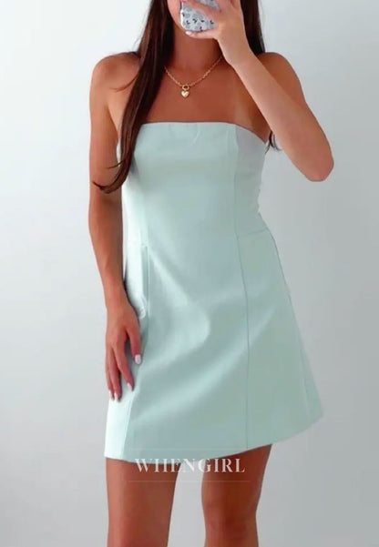 Strapless Straight-Neckline Mini Dress with A-Line Skirt