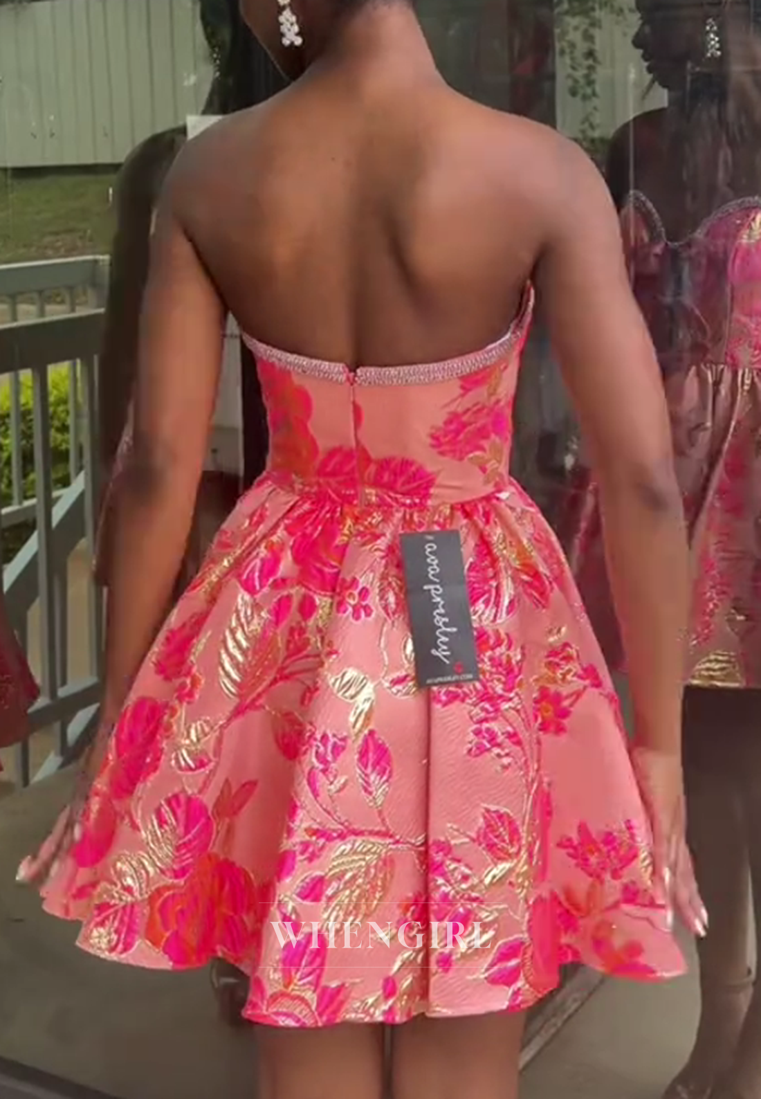 Floral Jacquard Strapless Mini Dress with Bows