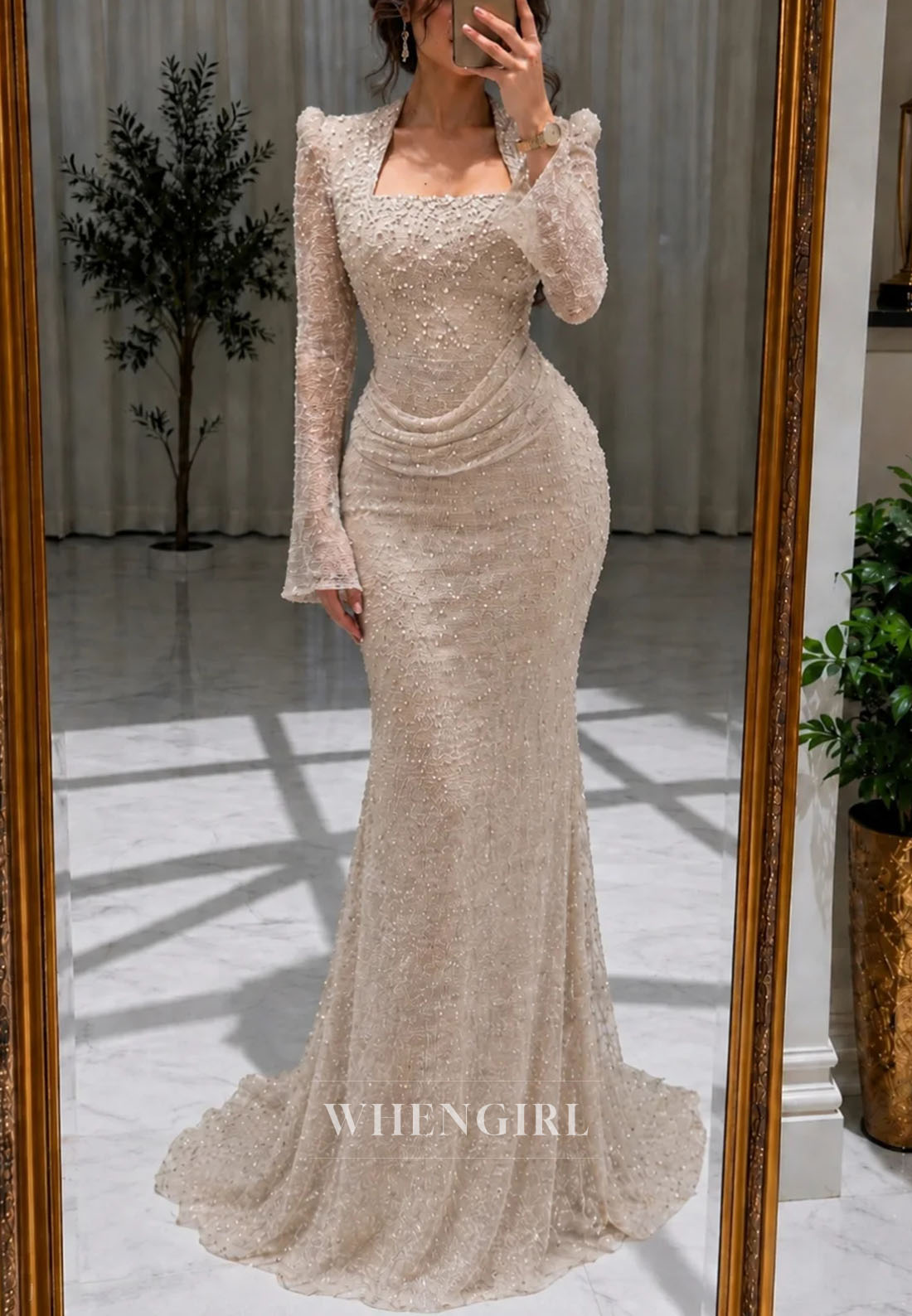 Elegant Pearl Beaded Long Sleeve Mermaid Gown