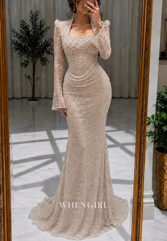 Elegant Pearl Beaded Long Sleeve Mermaid Gown
