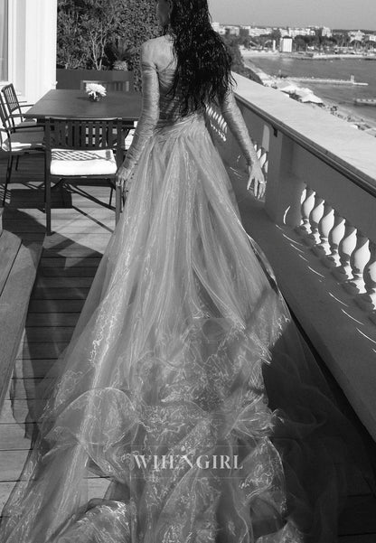 Off Shoulder Ruched Tulle Gown with Train