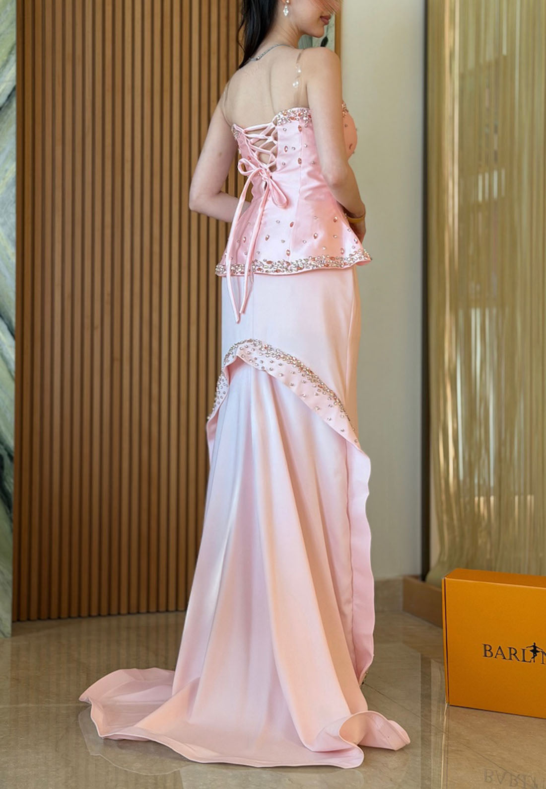 Beaded Peplum Corset Evening Gown with Train