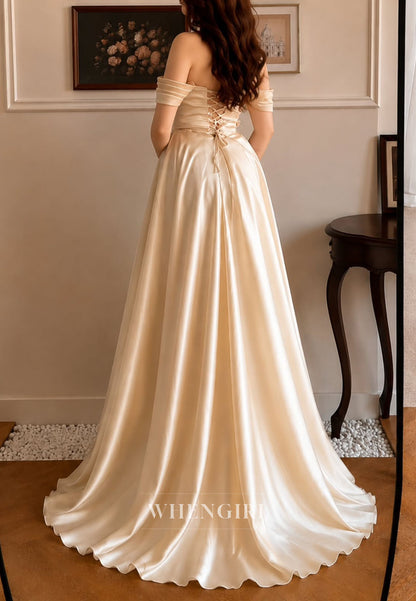 Off Shoulder Satin A-Line Formal Gown with Beaded Bodice