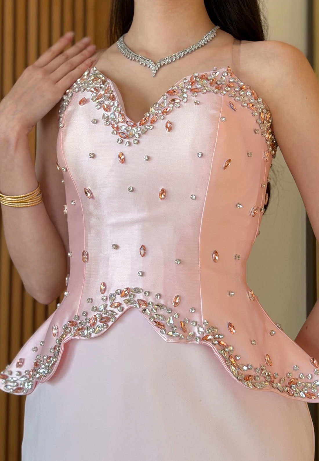 Beaded Peplum Corset Evening Gown with Train