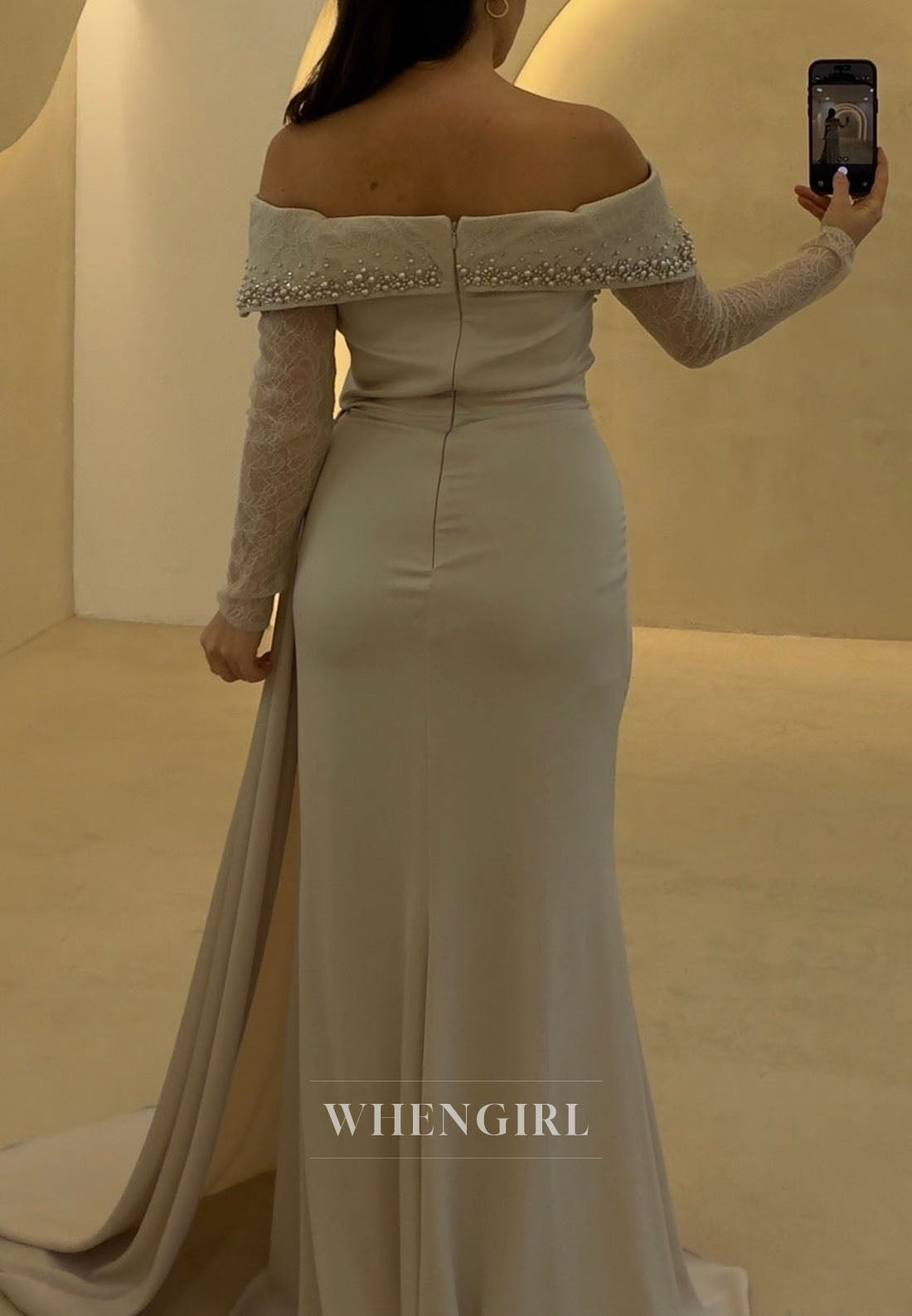Off-Shoulder Pearl Embellished Lace Sleeve Gown